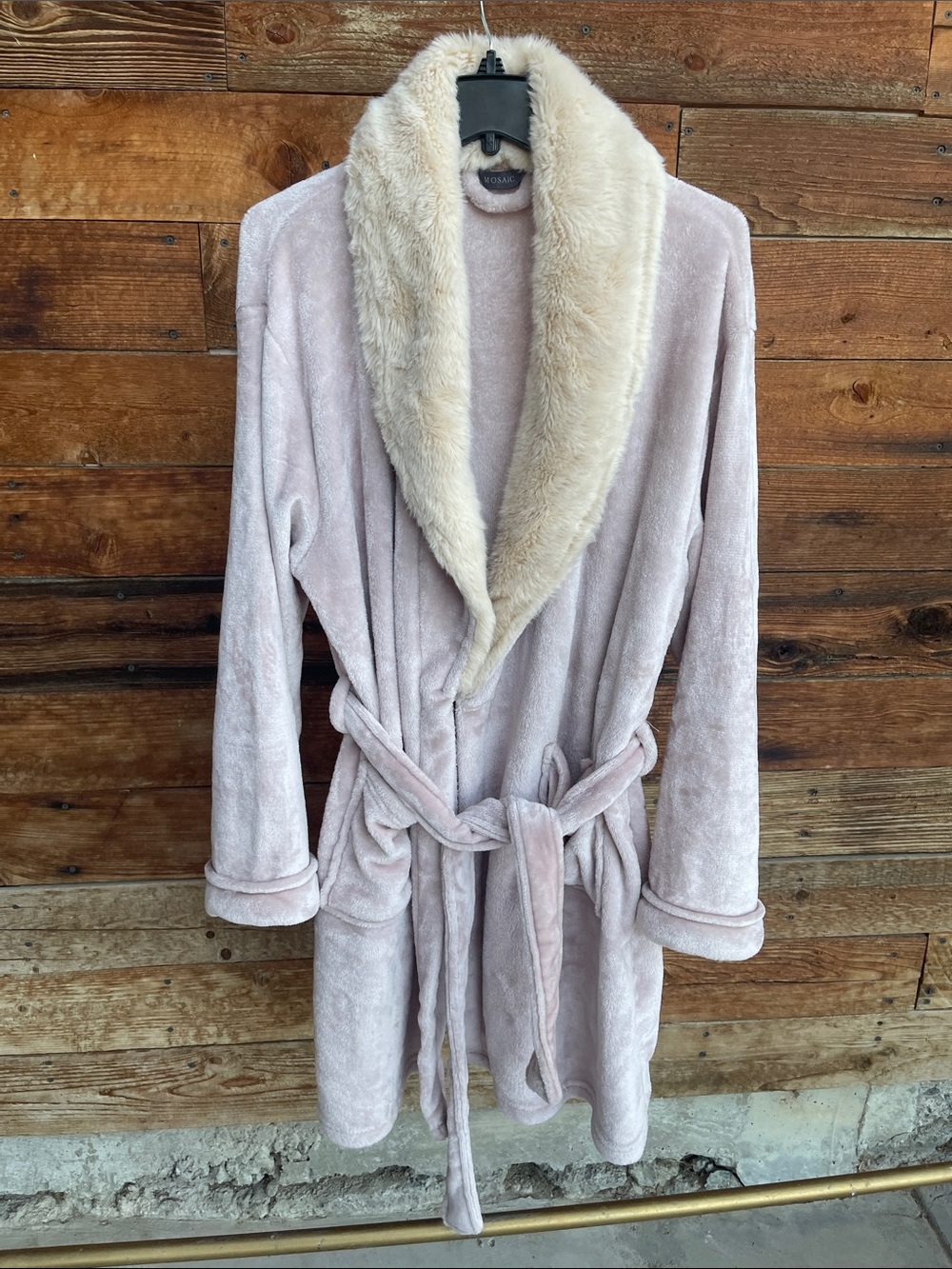 Mosaic Women’s Plush Robe S/M Blush Pink Faux Fur Collar Belted Cozy Bathrobe